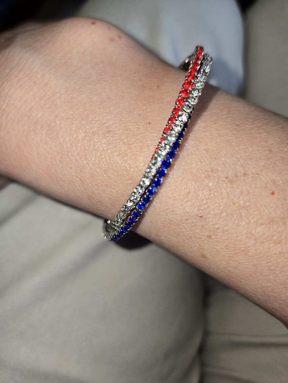 Handmade Sparkle Rhinestone Bracelet  Triple Row Bling Cuff Red Blue Silver 325